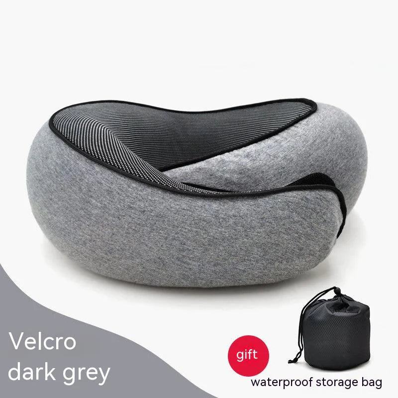 Gray neck pillow with black mesh and a matching storage bag on a white background