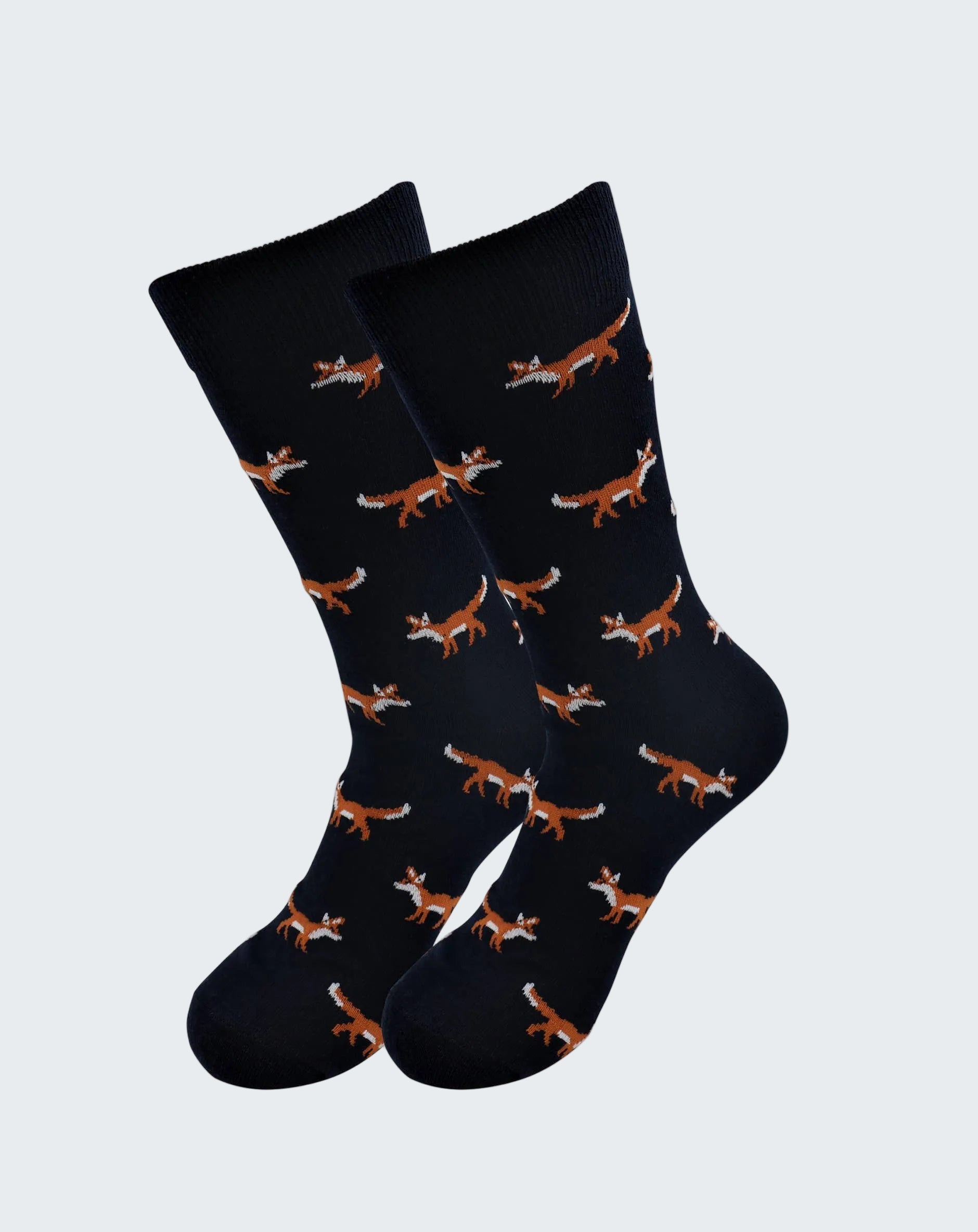 Black socks with fox pattern on a white background