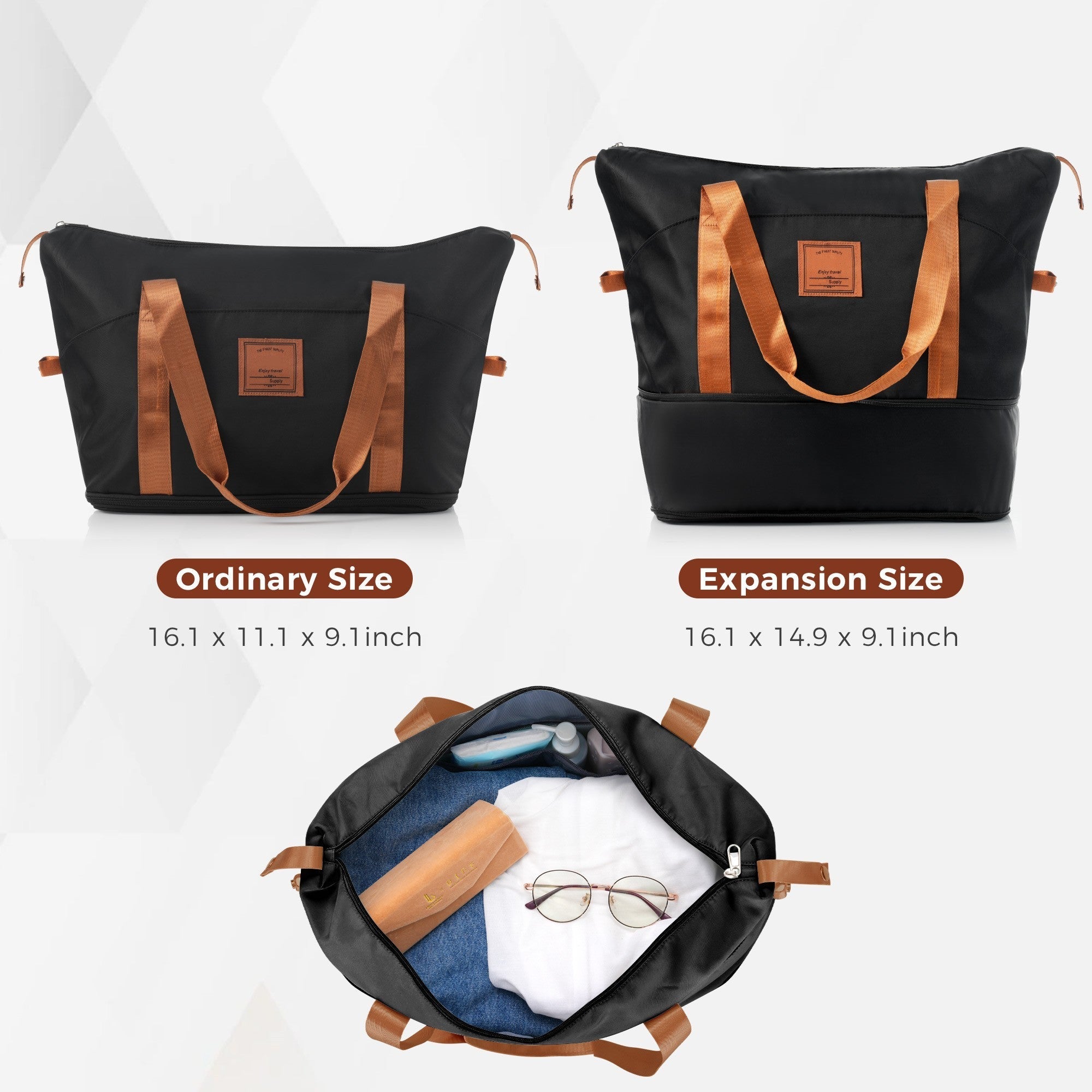 Black and Brown Expandable ABS Durable Suitcase with Travel Bag