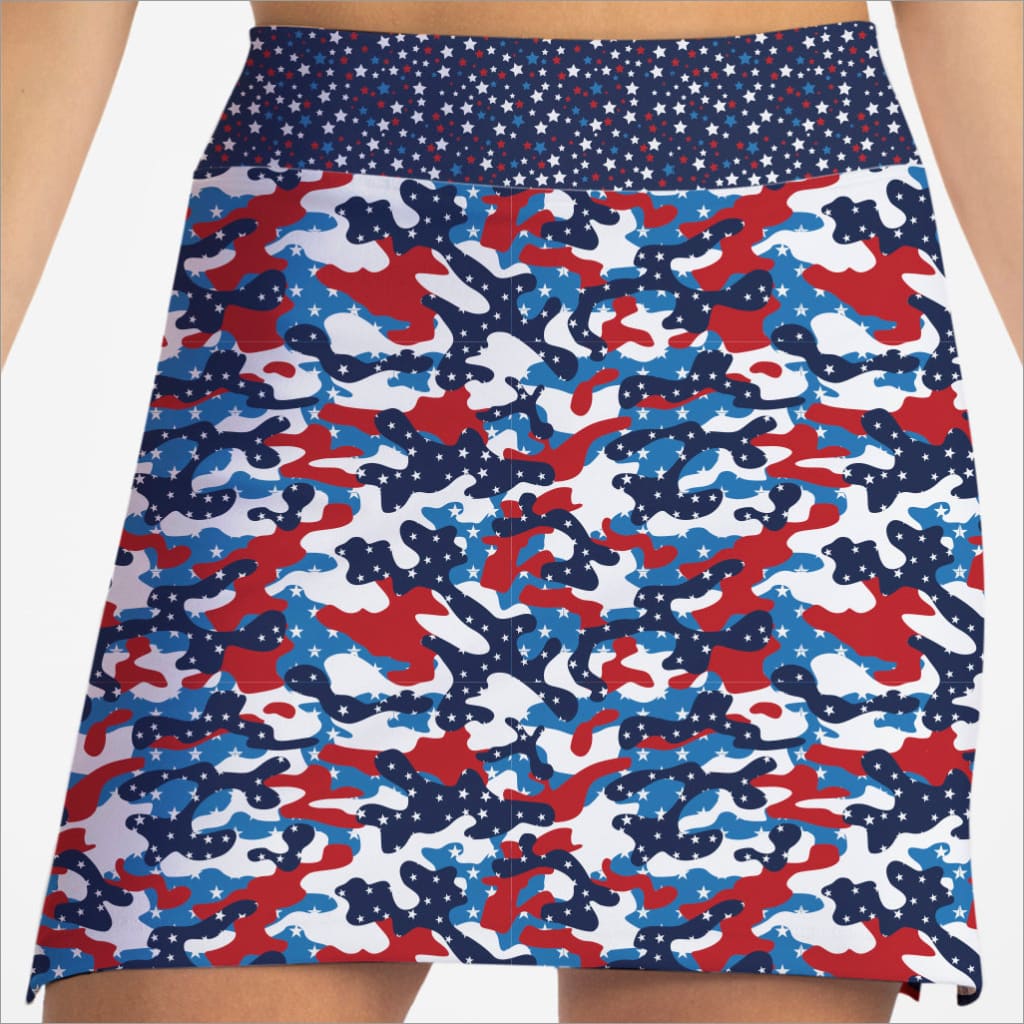 Skirt with red, white, and blue camouflage pattern on a white background