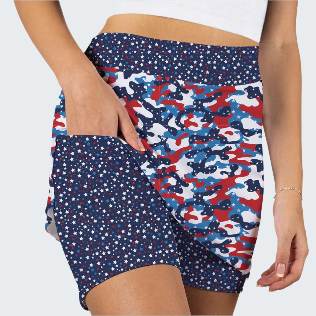 Shorts with a red, white, and blue pattern on a plain background
