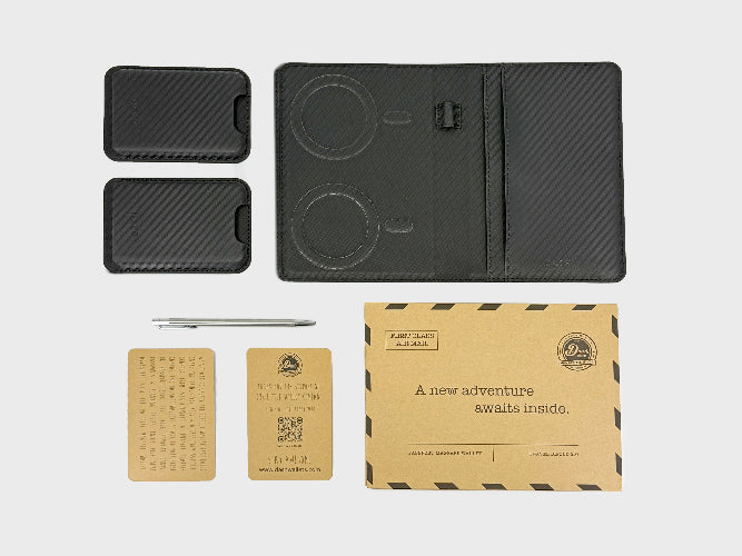 Black wallet, phone case, and packaging on a white background