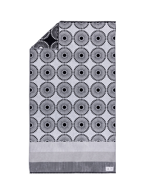 Black and white patterned blanket with a gray border on a white background