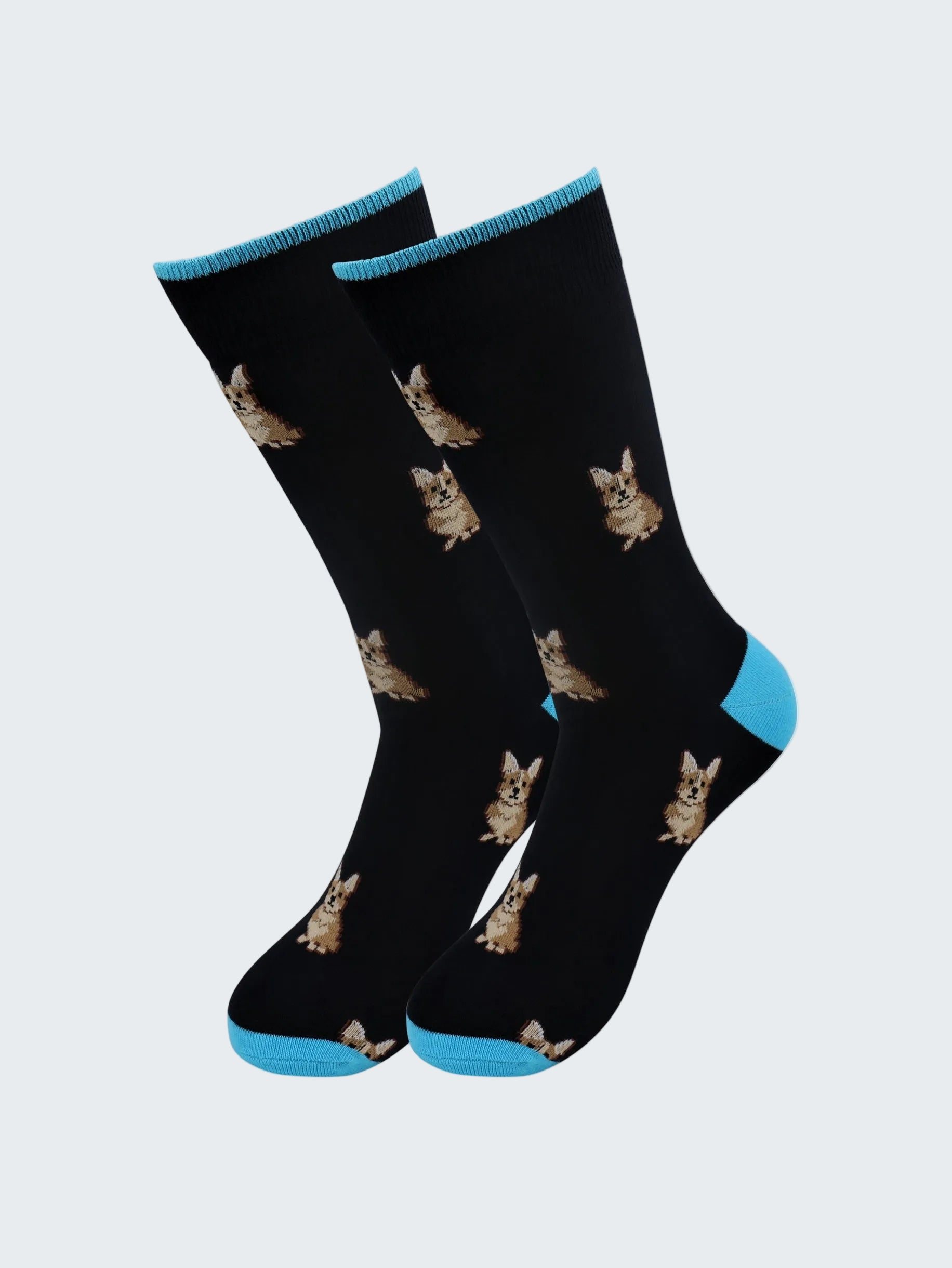 Black socks with dog pattern and blue toes on a white background