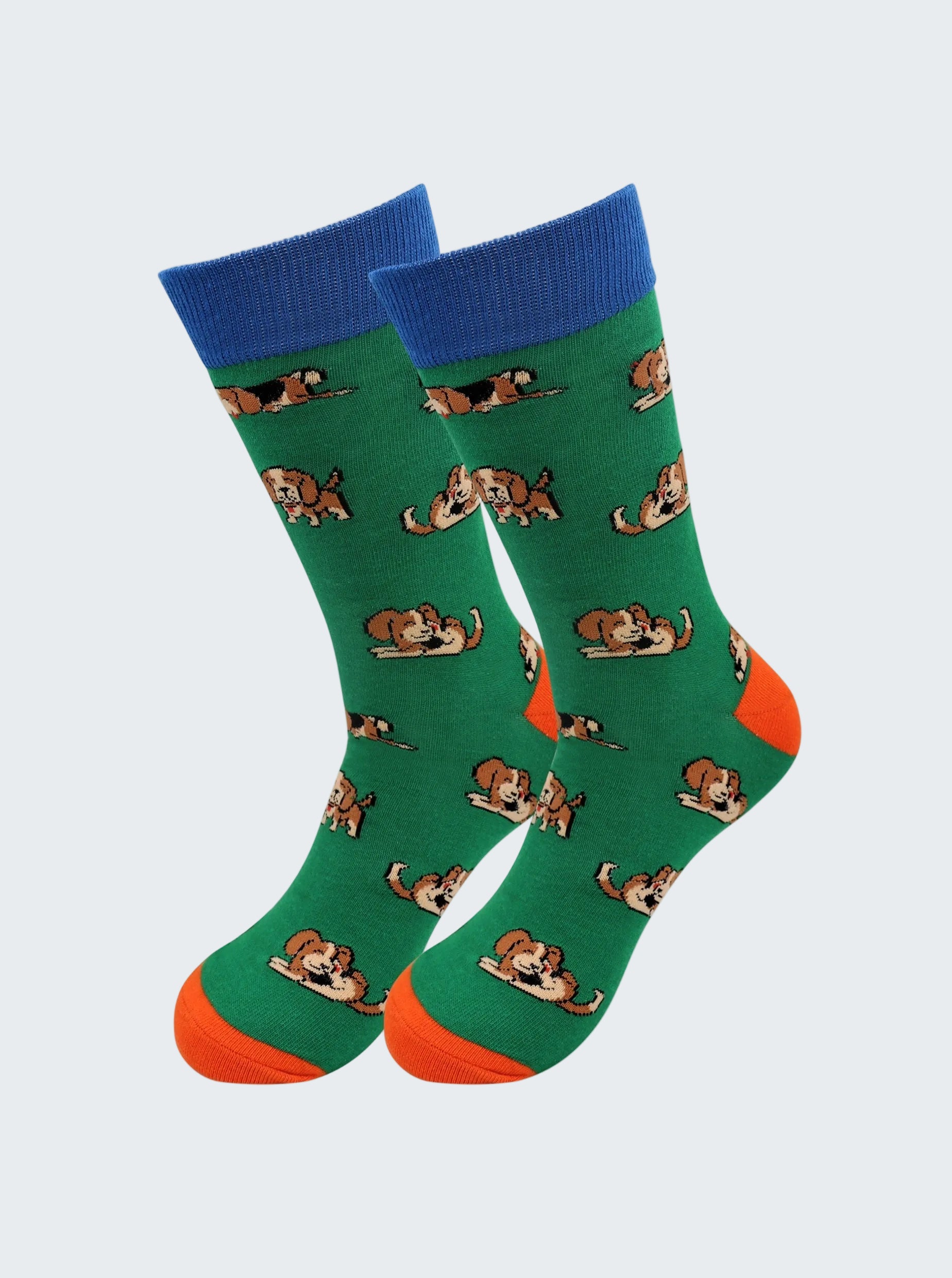 Green socks with dog pattern and blue and orange accents on a white background