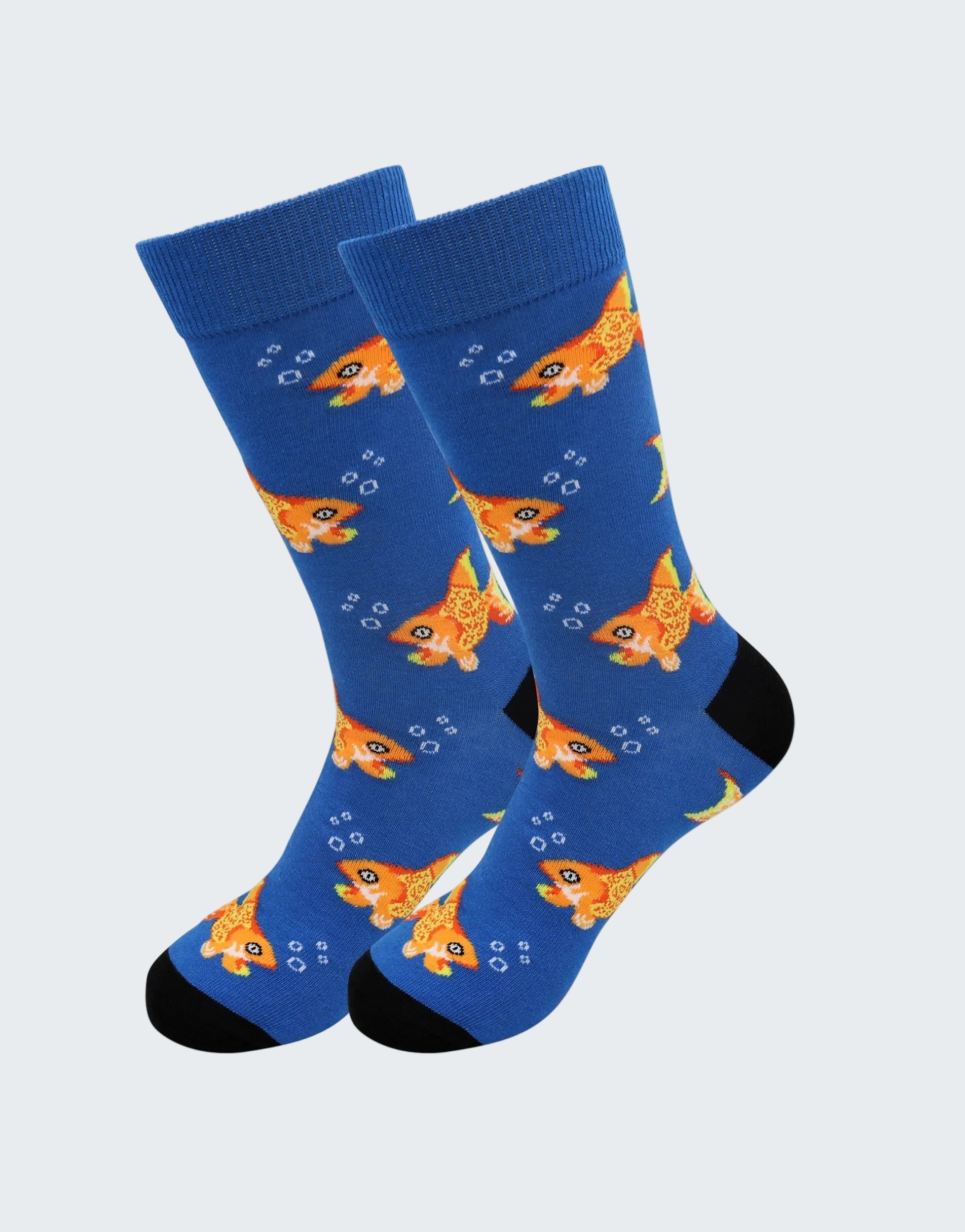 Blue socks with fish pattern on a white background