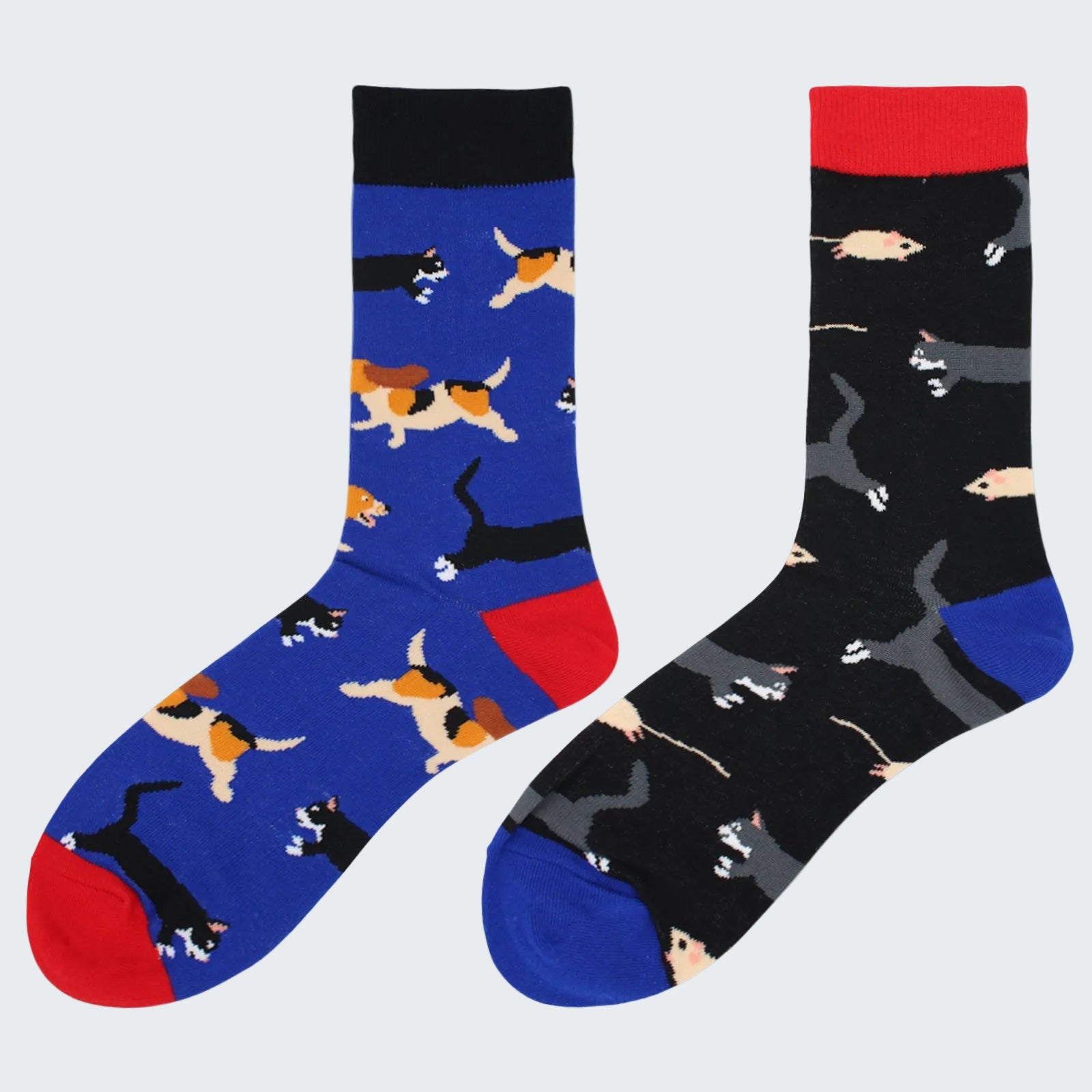 Two pairs of socks with dog patterns on a white background