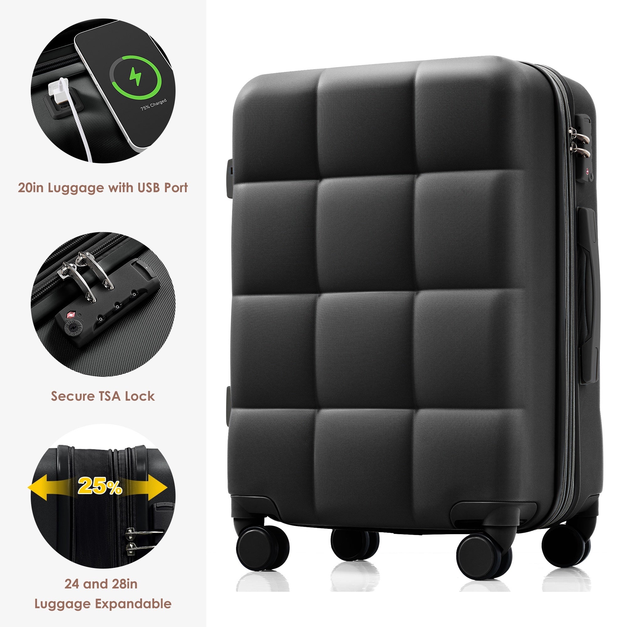 Luggage Sets 4 Piece, 20-inch with USB Port, Expandable ABS Durable