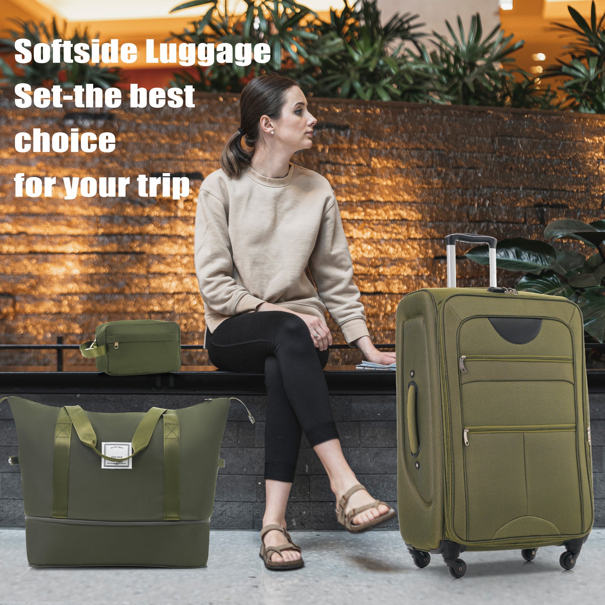 Green Softside Luggage Expandable Three Piece Set Suitcase with Duffel Bag