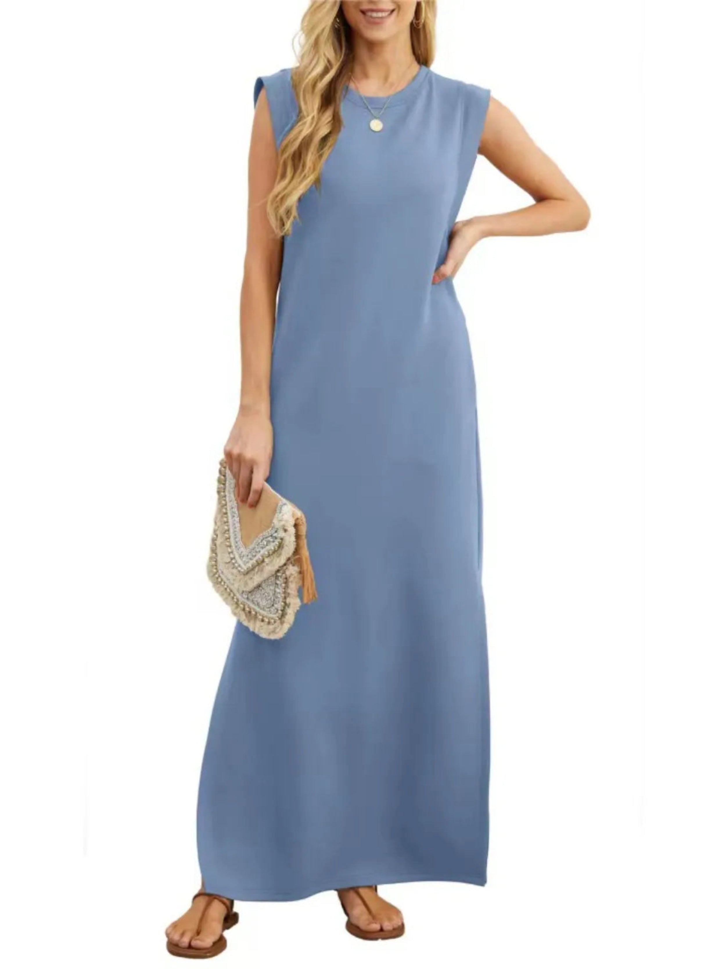 Full Size Slit Round Neck Sleeveless Maxi Tank Dress