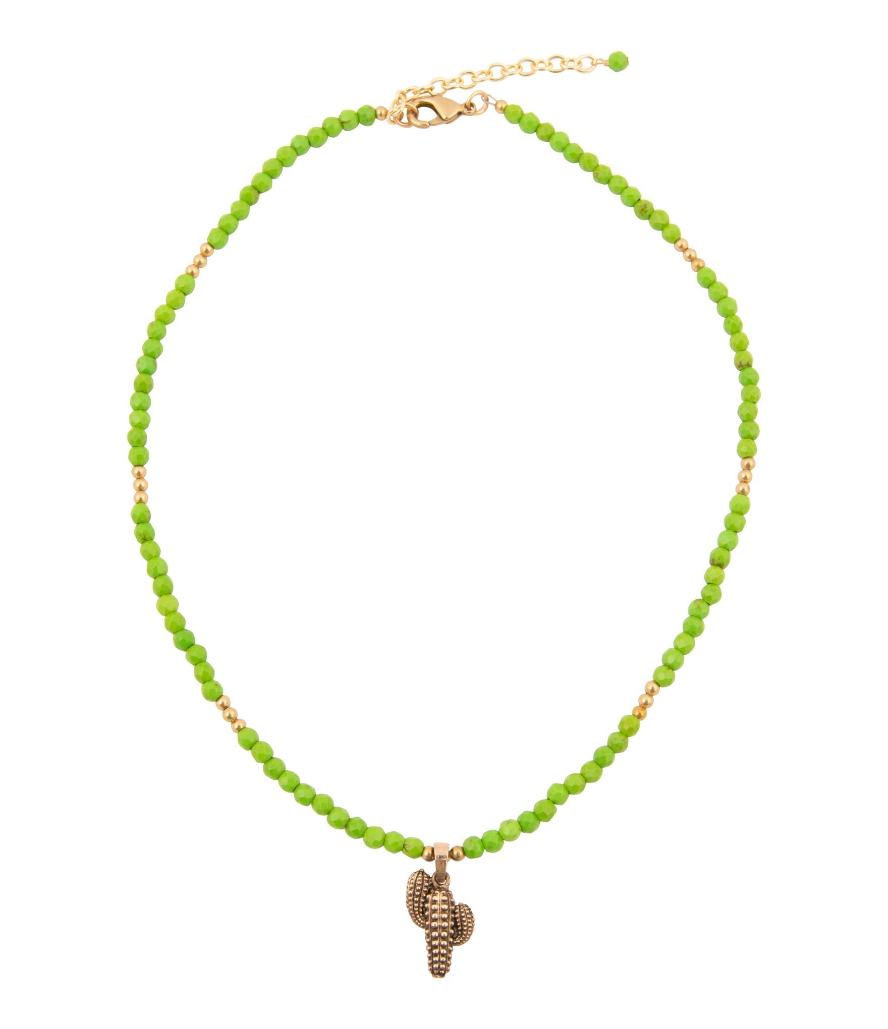 Necklace with green beads and a bronze pendant on a white background