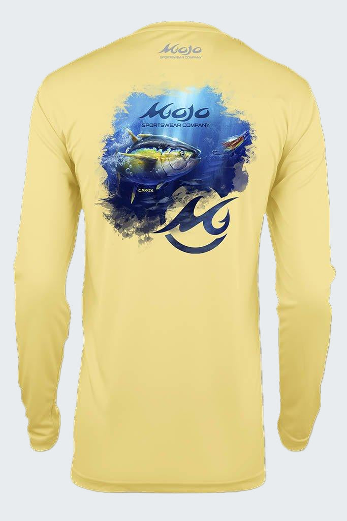 Yellow long-sleeve shirt with blue graphic design on a white background