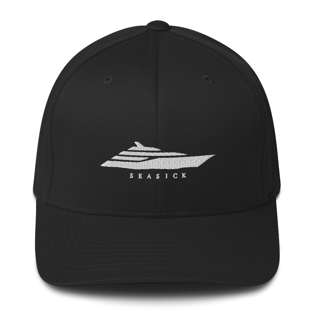 Black cap with white embroidered logo and text on a white background