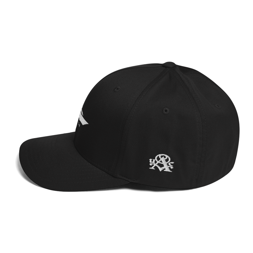 Black cap with a white logo on a white background
