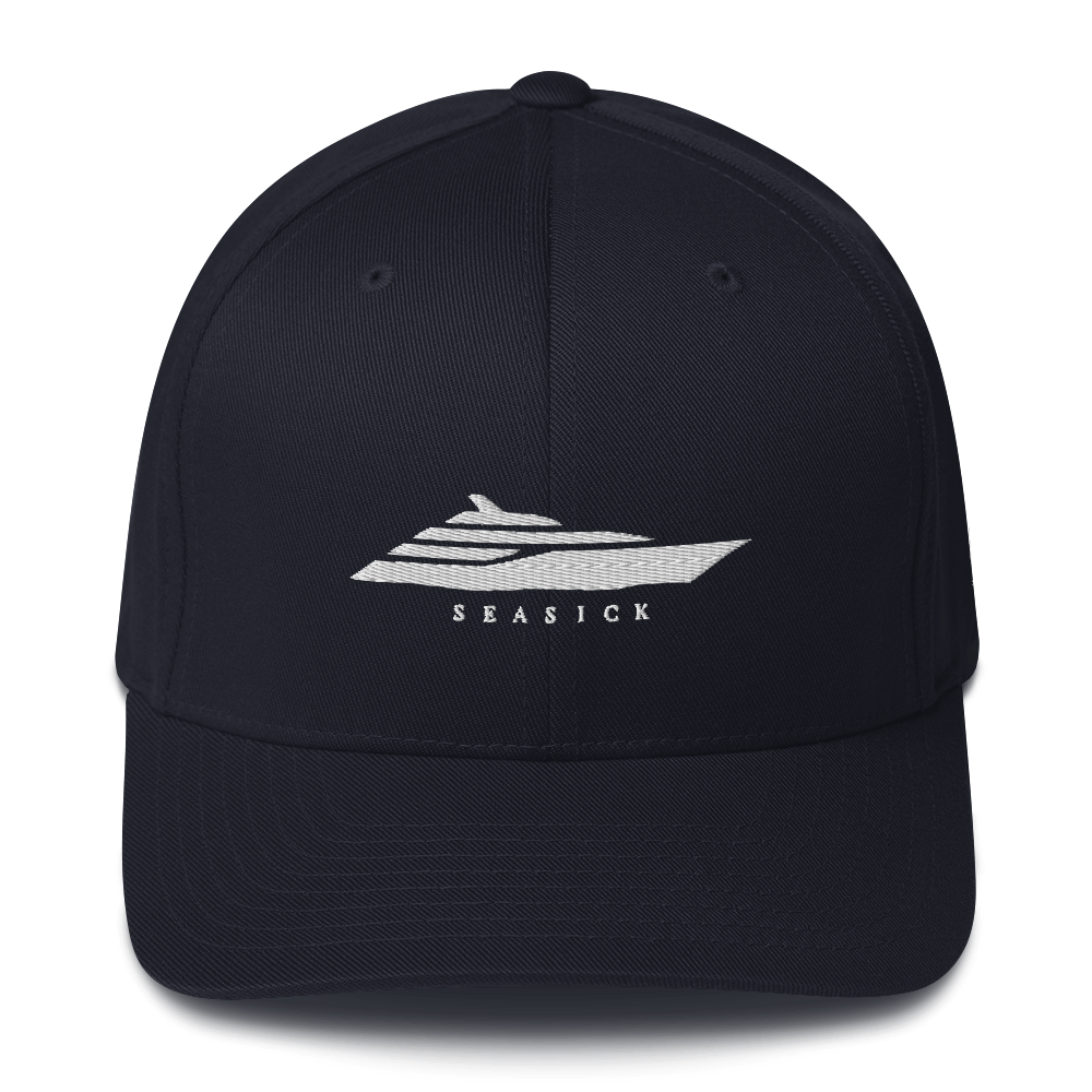 Black cap with white logo and text on a white background