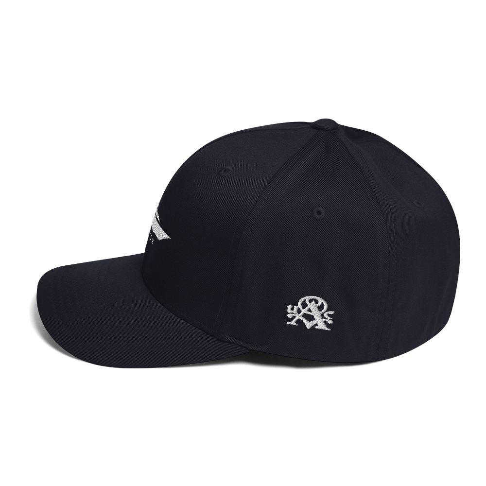 Black cap with a white logo on a white background