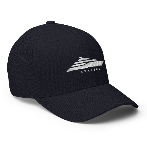 Black cap with white logo and text on a white background