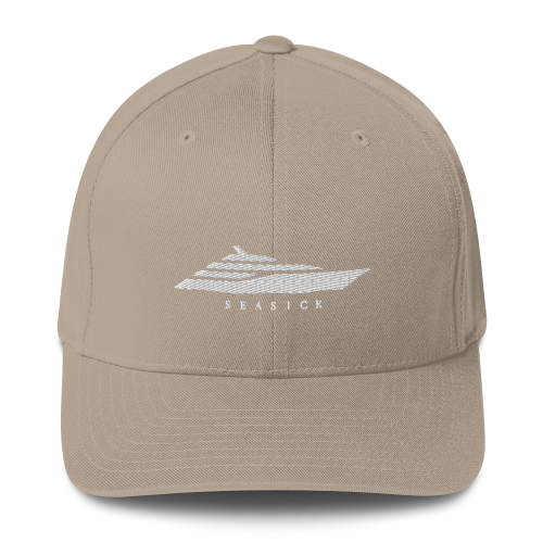 Beige cap with white logo and text on a white background