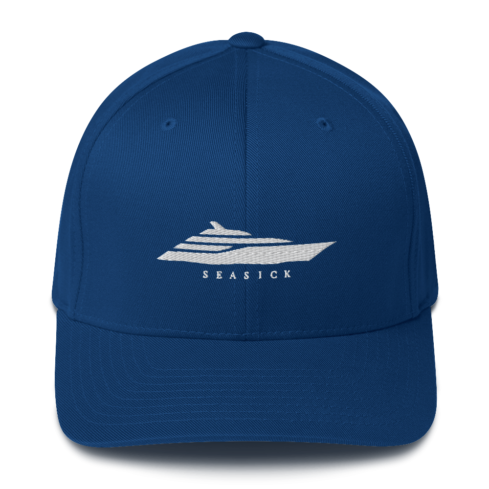 Blue cap with white logo and text on a white background