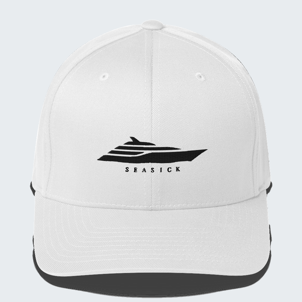 White cap with black 'SEASICK' logo on a white background