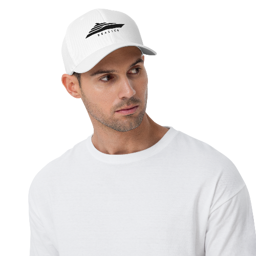 Man wearing a white cap with a logo on a white background