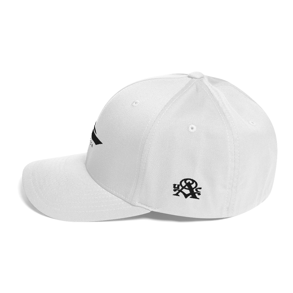White cap with black logo on a white background