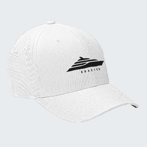 White cap with black logo and text on a white background