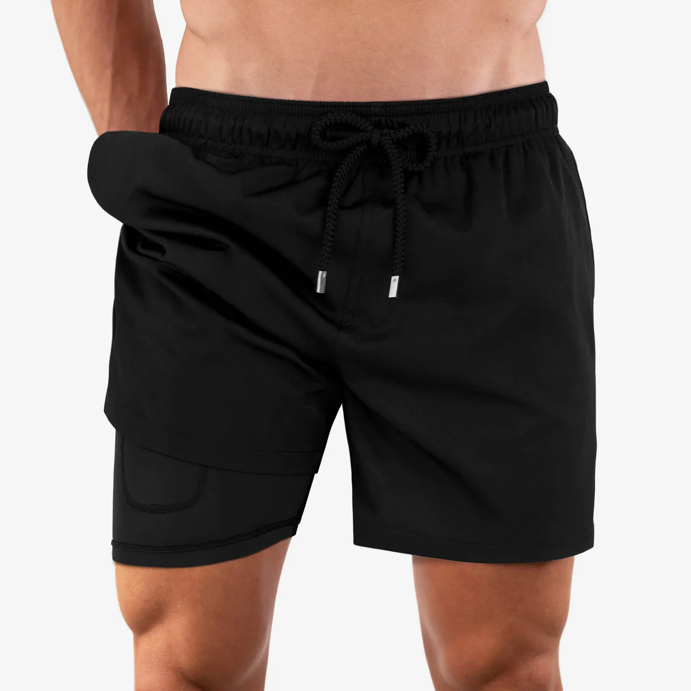 Black shorts with a drawstring on a white background