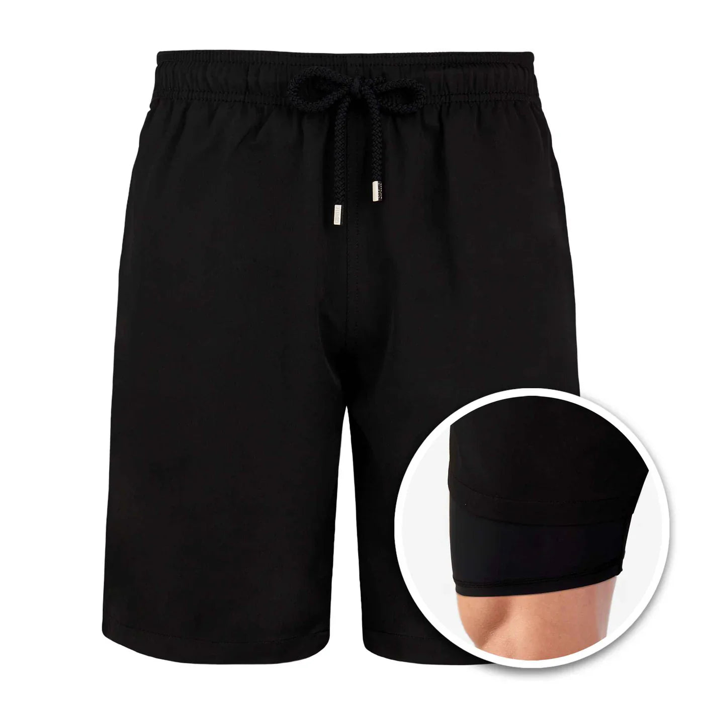 Black shorts with a close-up inset showing a knee area on a white background