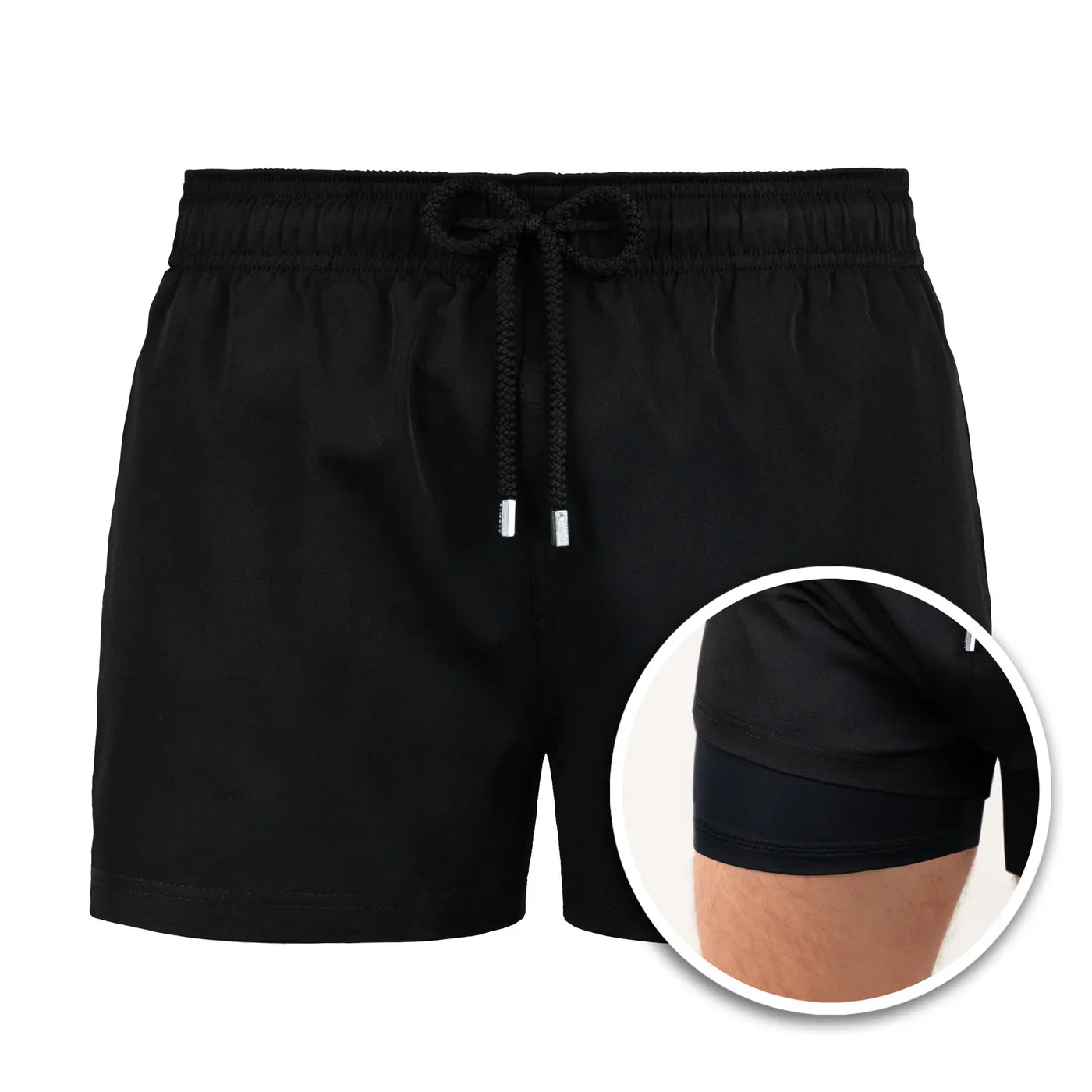 Black shorts with drawstring on a white background