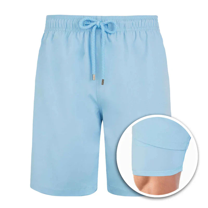 Light blue shorts with drawstring on a white background