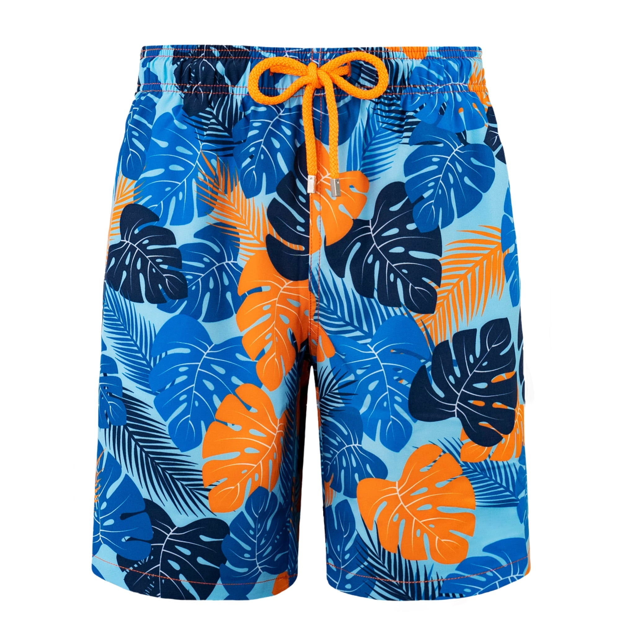 Blue and orange leaf-patterned shorts with a drawstring on a white background