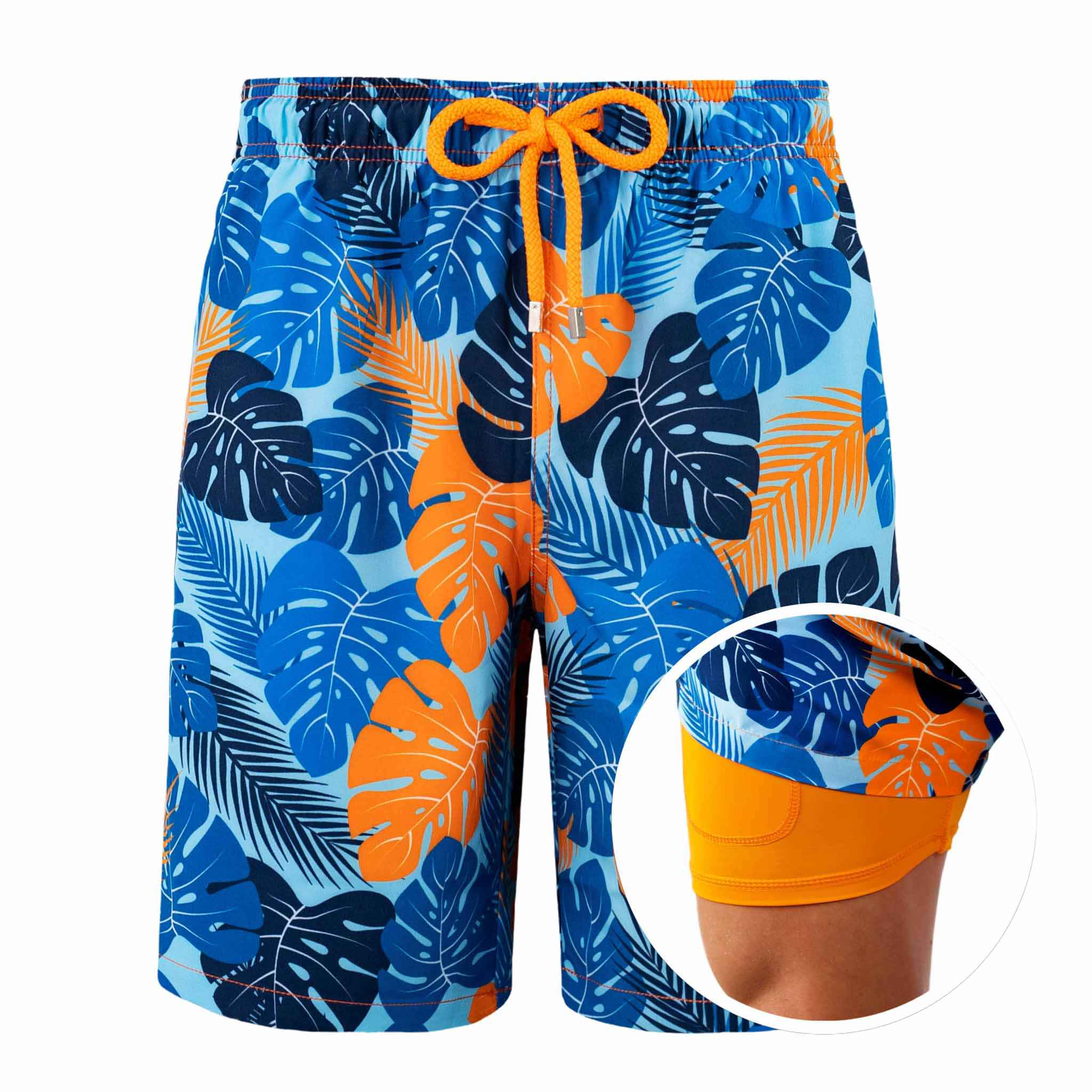 Blue and orange leaf-patterned shorts with a close-up inset on a white background