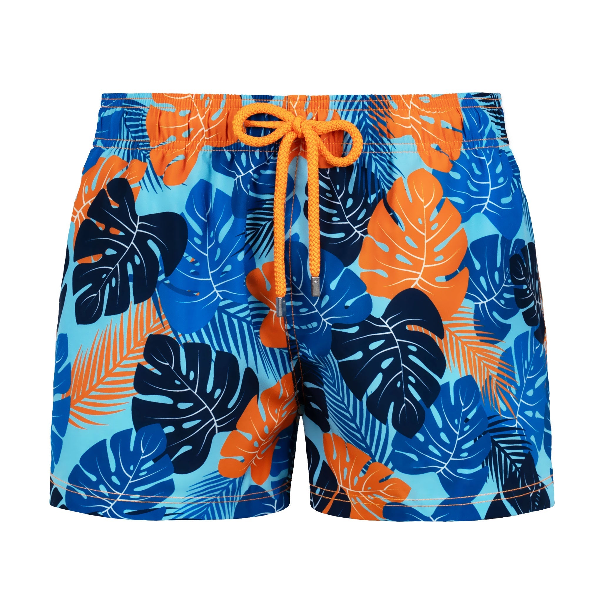 Tropical leaf patterned swim shorts with orange drawstring on a white background