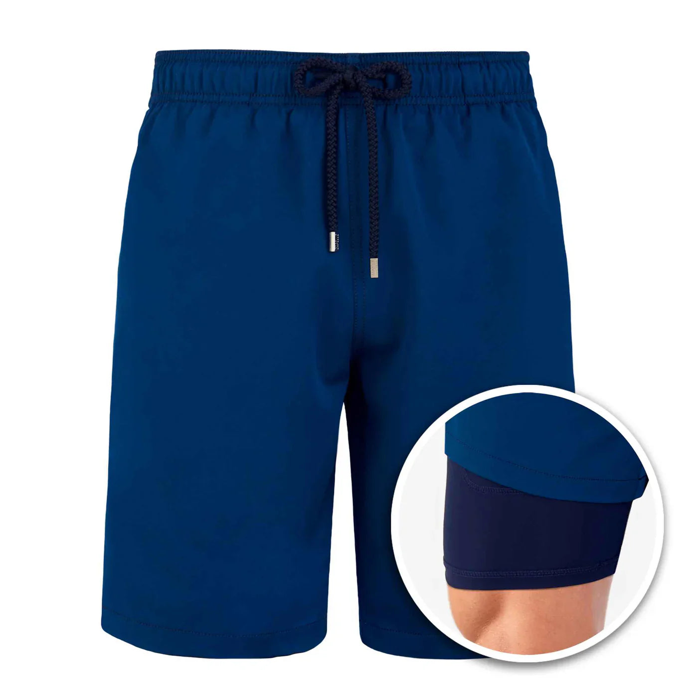 Blue shorts with drawstring on a white background