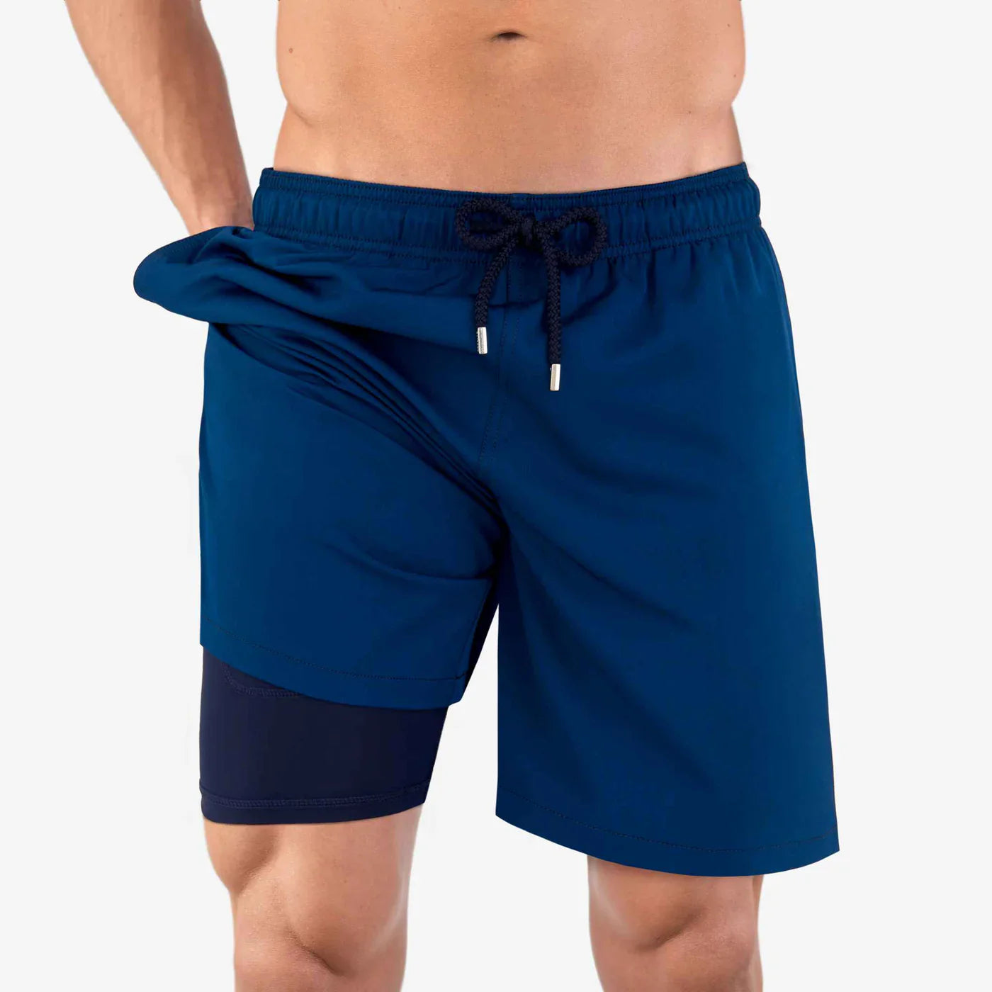 Blue athletic shorts with a drawstring on a white background