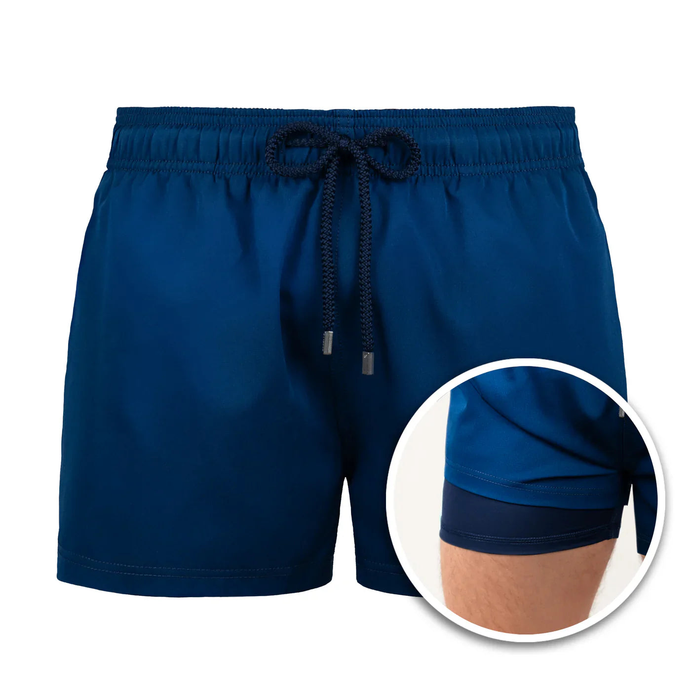 Blue shorts with drawstring on a white background