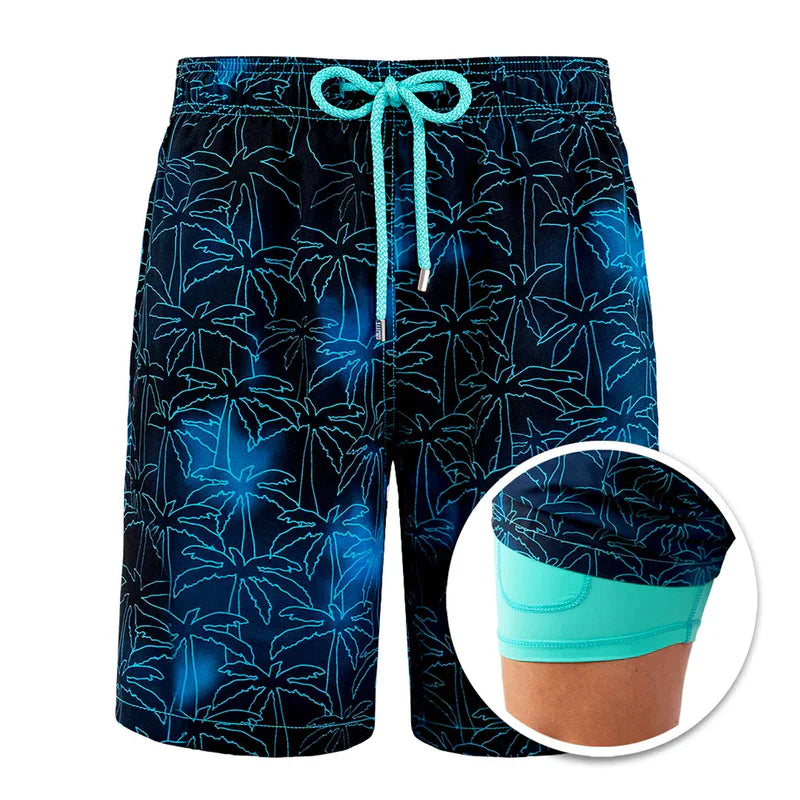 Blue and black patterned shorts with a close-up inset showing the inside lining.