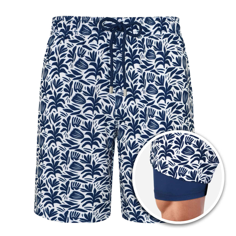 Navy blue and white patterned shorts with a close-up inset on a white background