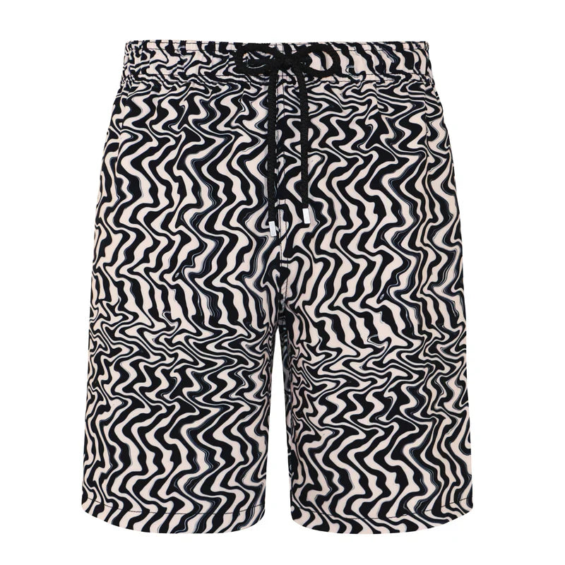 Black and white patterned shorts on a white background