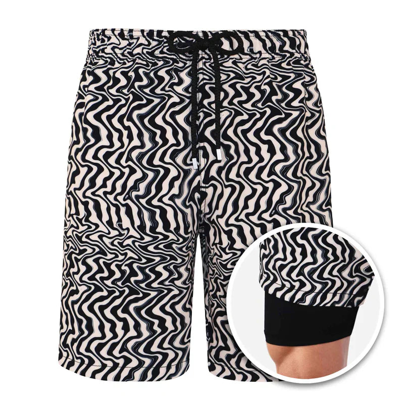 Black and white patterned shorts with a close-up inset on a white background