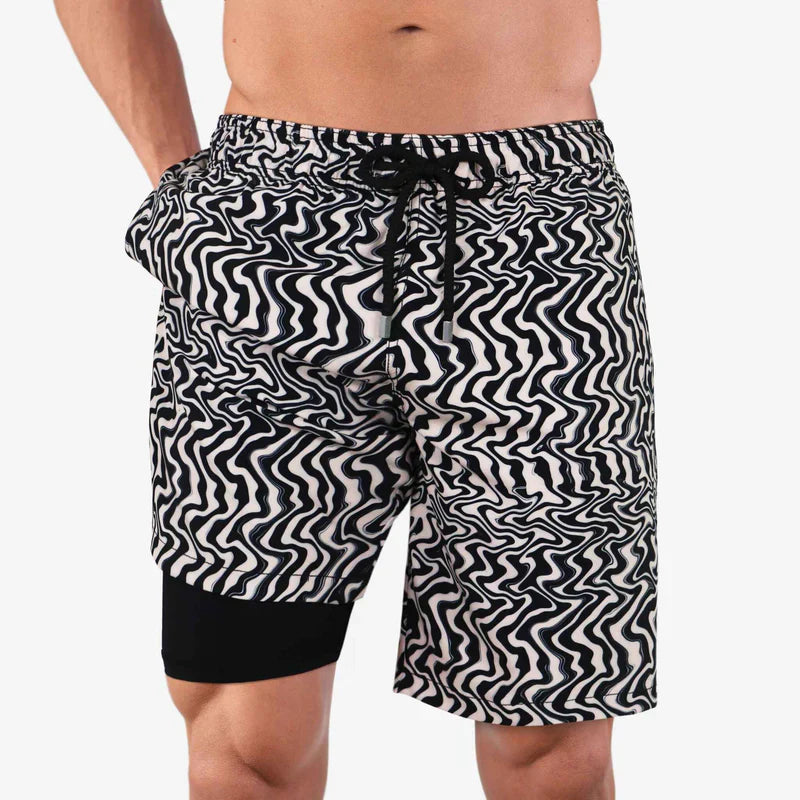 Black and white patterned shorts worn by a person on a white background