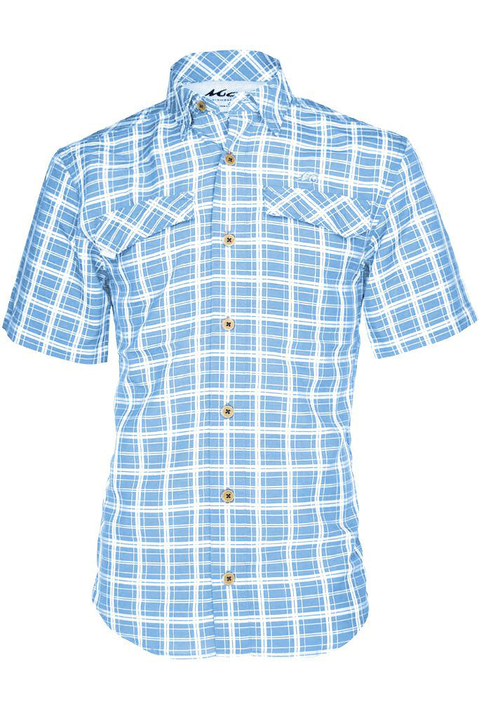 Blue and white checkered shirt with button details on a white background