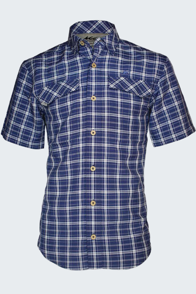 Blue and white plaid short-sleeve shirt on a white background