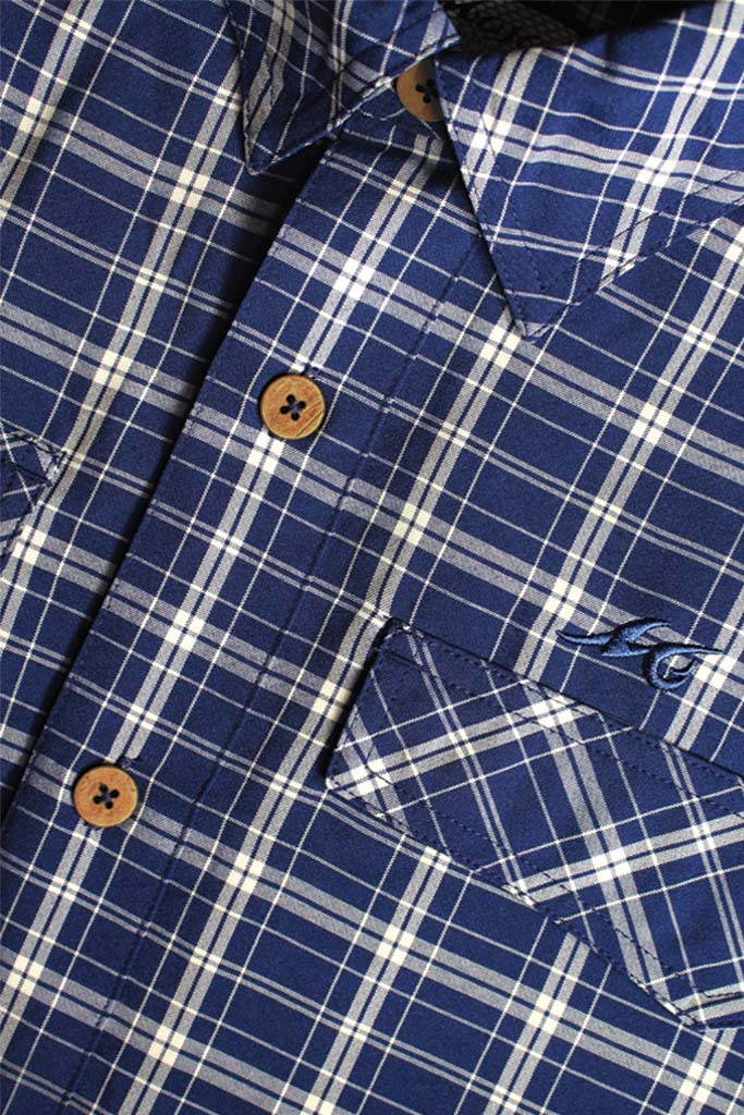 Close-up of a blue and white plaid shirt with brown buttons.