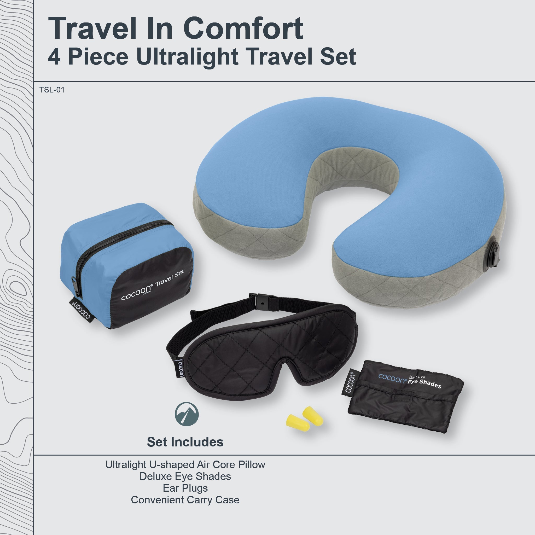 4-piece ultralight travel set with neck pillow, eye shades, ear plugs, and carrying case on a white background.