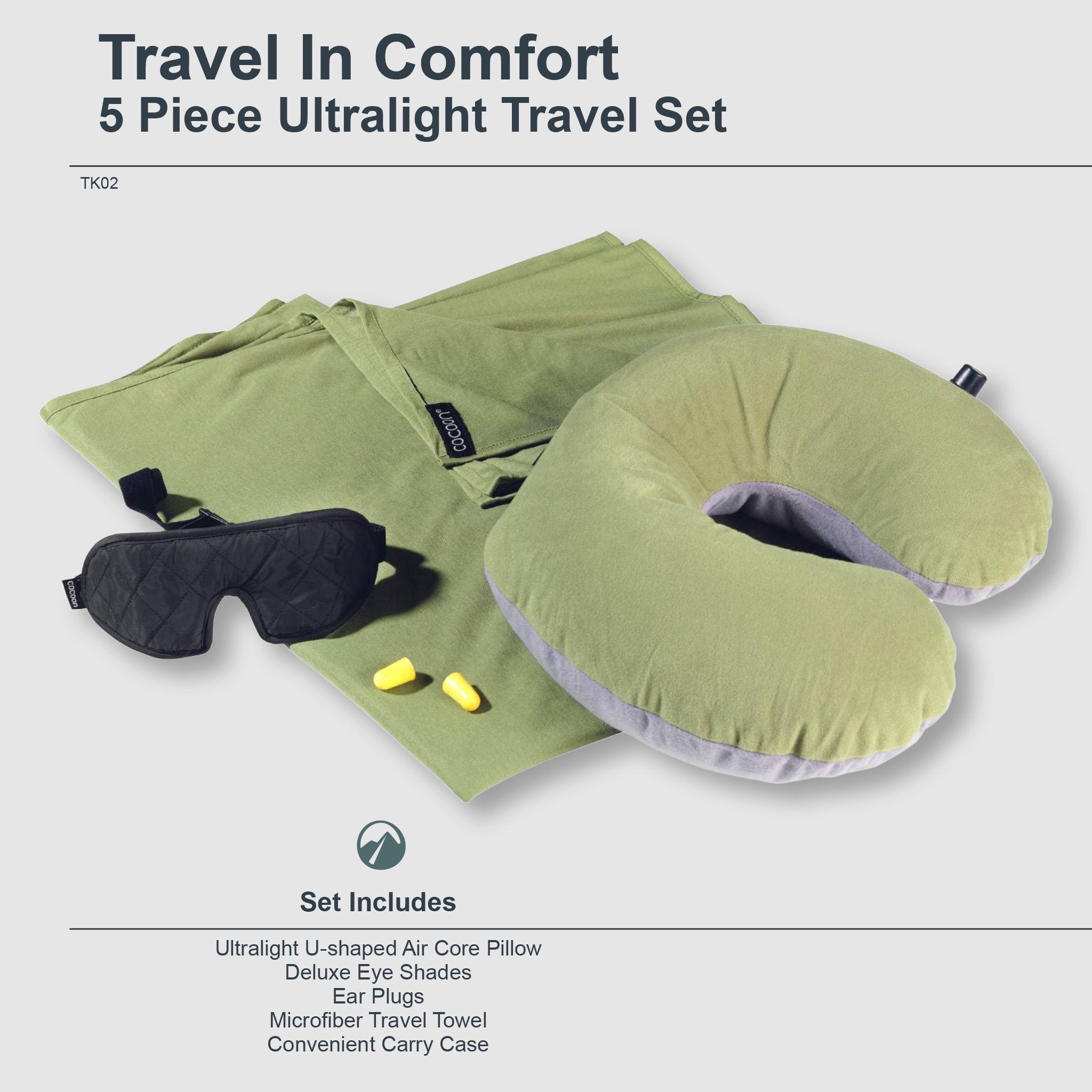 5-piece ultralight travel set with air core pillow, eye shades, ear plugs, towel, and carry case on a light gray background.