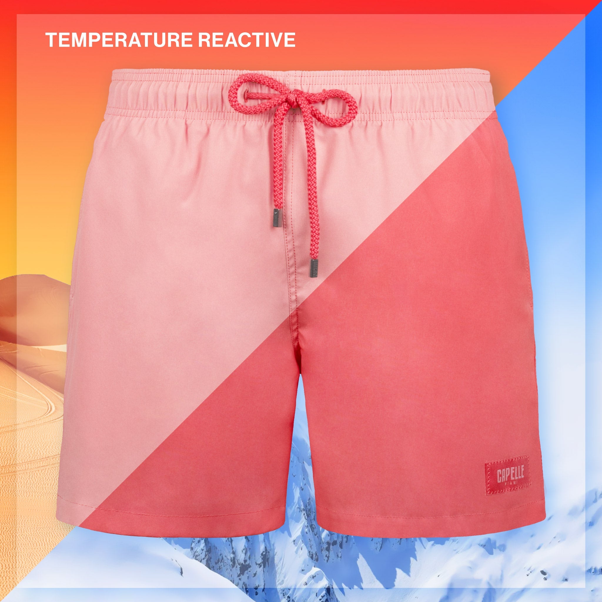 Temperature reactive shorts with a pink and red color scheme on a gradient background.