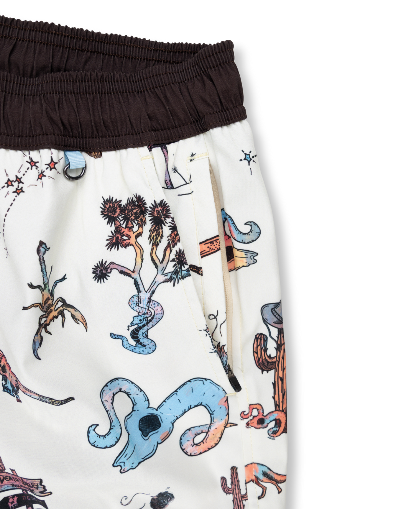 Pants with a colorful creature pattern on a white background