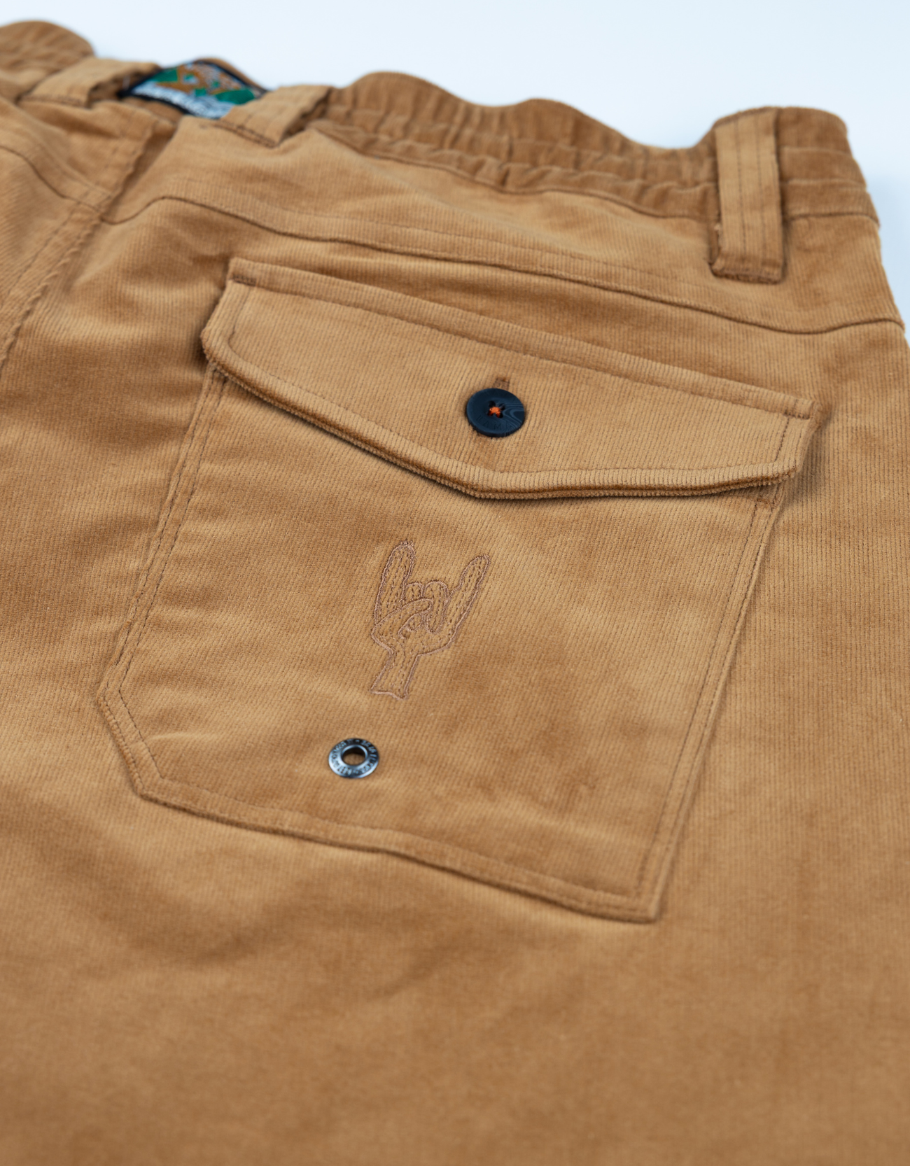 Close-up of brown pants with a pocket and button detail on a light blue background